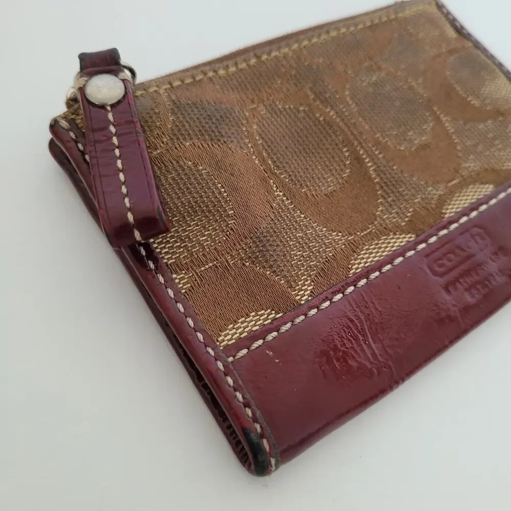 COACH‎ Skinny Key Card Case Small Wallet Canvas Leather Zip Beige Logo Fair